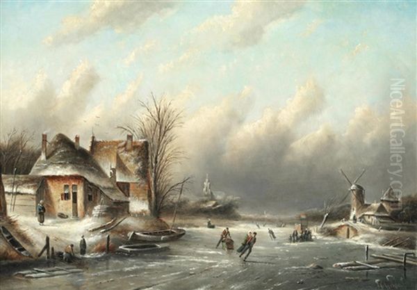 Dutch Winter Scene With Figures Skating On The Ice by Jan Jacob Coenraad Spohler