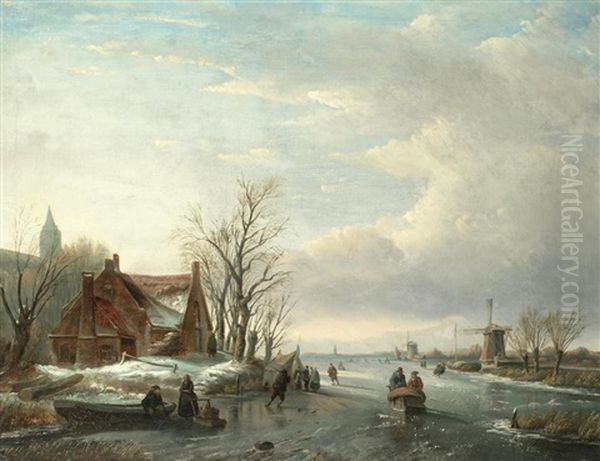 Dutch Skaters On A Frozen River Oil Painting by Jan Jacob Coenraad Spohler