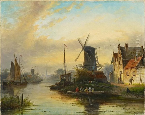 Hollandische Kanallandschaft Im Abendlicht Oil Painting by Jan Jacob Coenraad Spohler