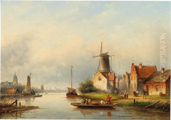 Fishermen On The Canal Oil Painting by Jan Jacob Coenraad Spohler