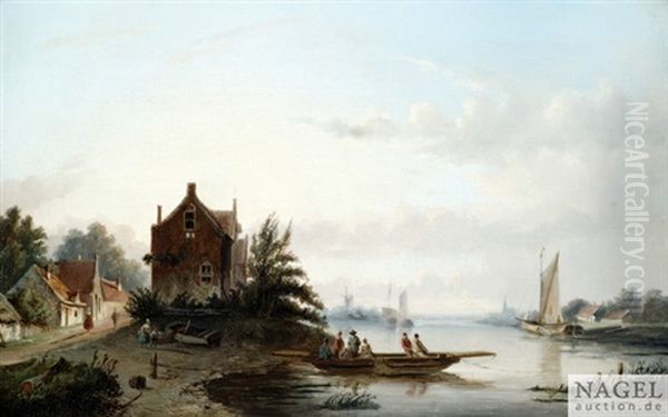 Kanallandschaft Mit Booten, Hausern Und Windmuhle Oil Painting by Jan Jacob Coenraad Spohler