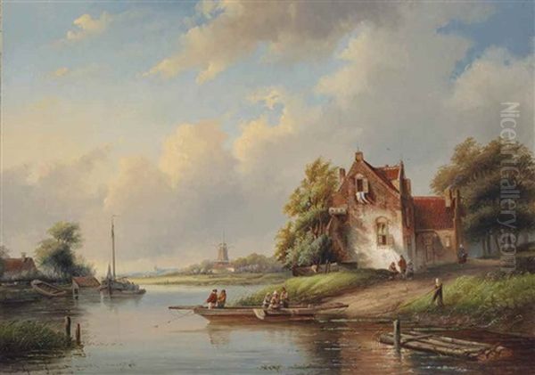 A Ferry Crossing In Summer Oil Painting by Jan Jacob Coenraad Spohler