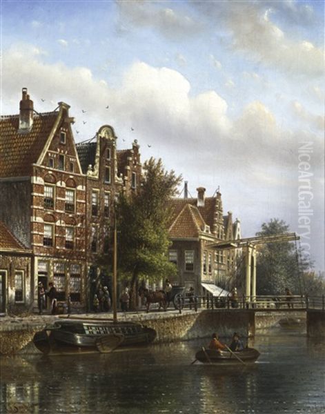 A Dutch Canal Oil Painting by Johannes Franciscus Spohler