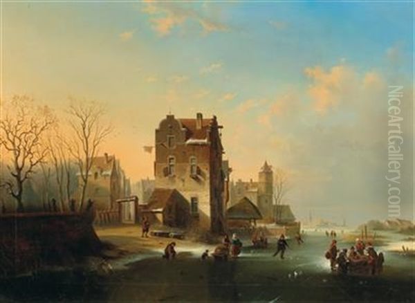 Winter Landscape With Ice Skaters Oil Painting by Johannes Franciscus Spohler