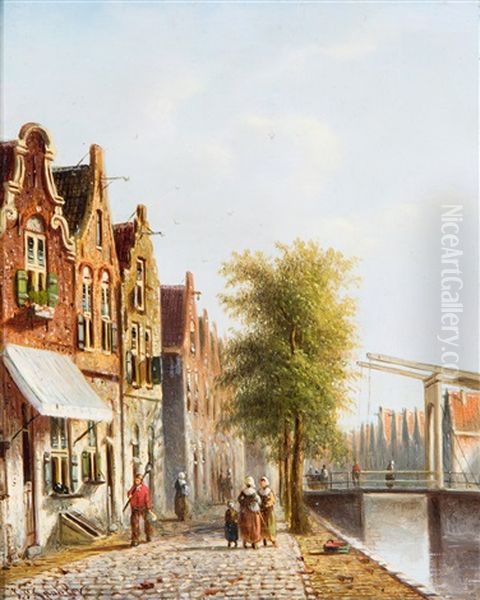 Figures Strolling Along A Dutch Canal Oil Painting by Johannes Franciscus Spohler