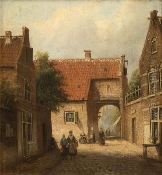 Dutch Street Scene With Figures Oil Painting by Johannes Franciscus Spohler