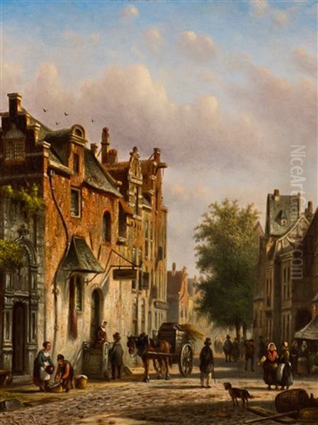 Activity In A Sunny Street by Johannes Franciscus Spohler