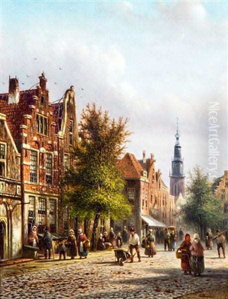 Hollands Stadsgezicht Met Figuren Oil Painting by Johannes Franciscus Spohler