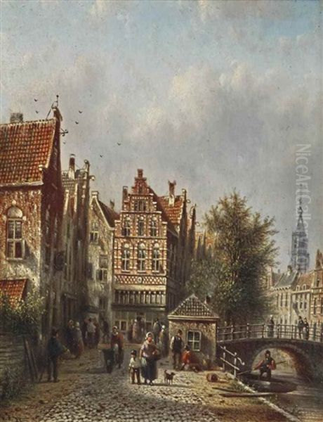 A Capriccio View Of A Sunlit Street In Amsterdam Oil Painting by Johannes Franciscus Spohler