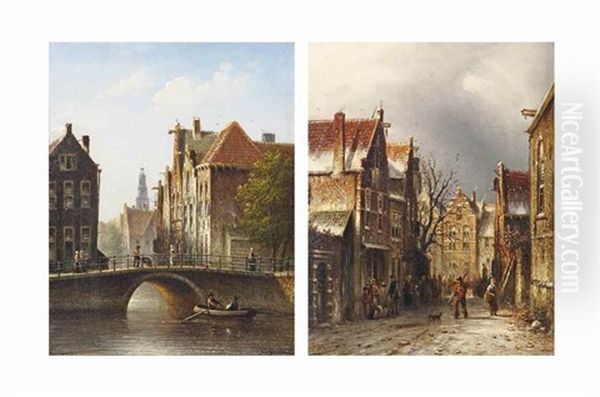 Canal Rokin, Amsterdam; And A View Of Harlem Oil Painting by Johannes Franciscus Spohler