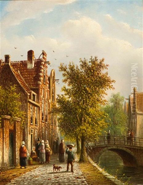 On An Amsterdam Canal Oil Painting by Johannes Franciscus Spohler