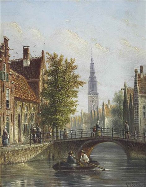 Rowing On A Sunlit Canal, Amsterdam Oil Painting by Johannes Franciscus Spohler