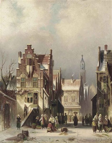 A Busy Street In Amsterdam Oil Painting by Johannes Franciscus Spohler