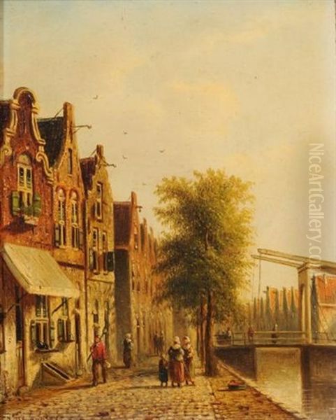 Dutch Street And Canal Scene Oil Painting by Jan Jacob Spolher