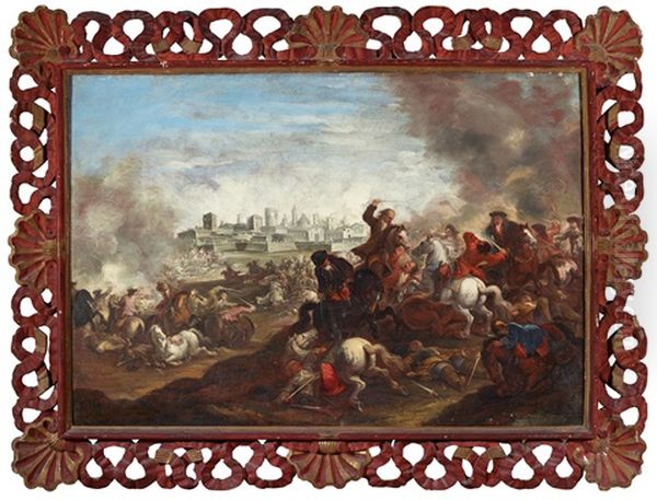 Pair Of Battle Scenes Oil Painting by Ilario Spolverini