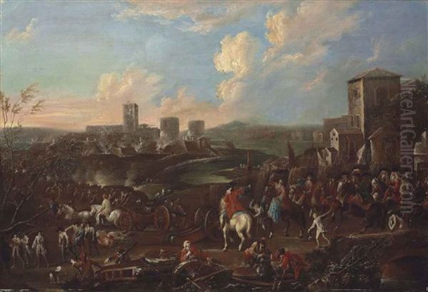 A Regiment Preparing The Siege Of A Fortified Town In The Distance Oil Painting by Ilario Spolverini