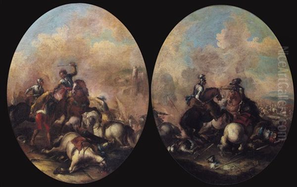 Scontri Tra Cavalieri In Battaglia (pair) Oil Painting by Ilario Spolverini