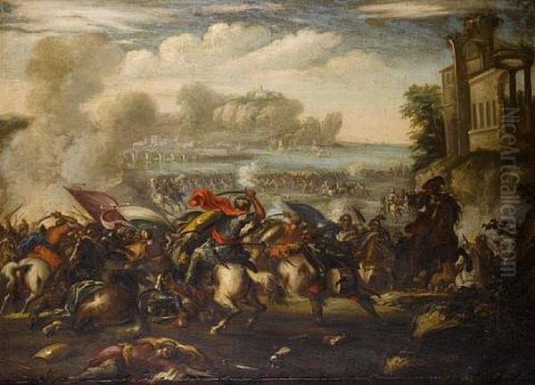 A Cavalry Skirmish Between Turks And Europeans With A Fortified Town...(+ A Cavalry Skirmish Between Turks And Europeans With A Harbour Beyond; Pair) Oil Painting by Ilario Spolverini