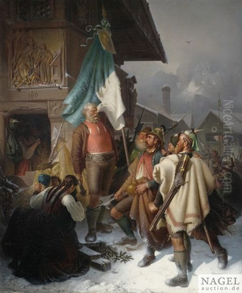 Balthasar Mayr, Der Schmied Von Kochel Zieht Mit Den Bauernd Es Gebirges Dem Furstem Max Emanuel Zu Hilfe Oil Painting by Philipp Sporrer