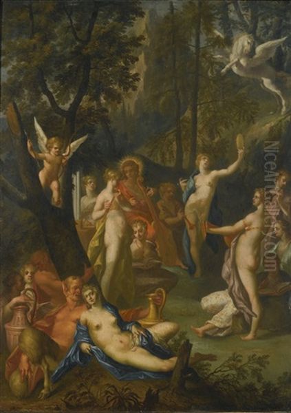 Apollo And The Muses On Mount Parnassus Oil Painting by Bartholomaeus Spranger