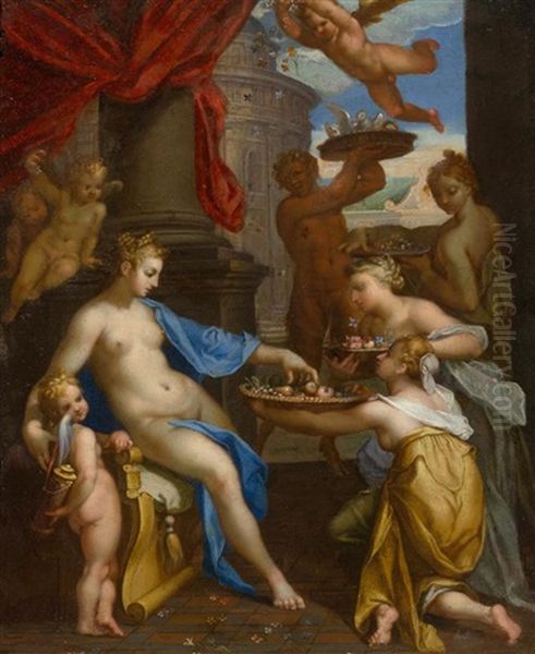 Venus Wird Von Nymphen Verehrt; Sie Bringen Ihr Blumen, Fruchte Und Weisse Tauben Oil Painting by Bartholomaeus Spranger