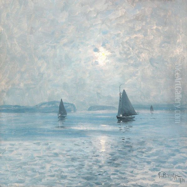 Seascape With Sailing Boats In The Moonlight Oil Painting by Carl Brandt