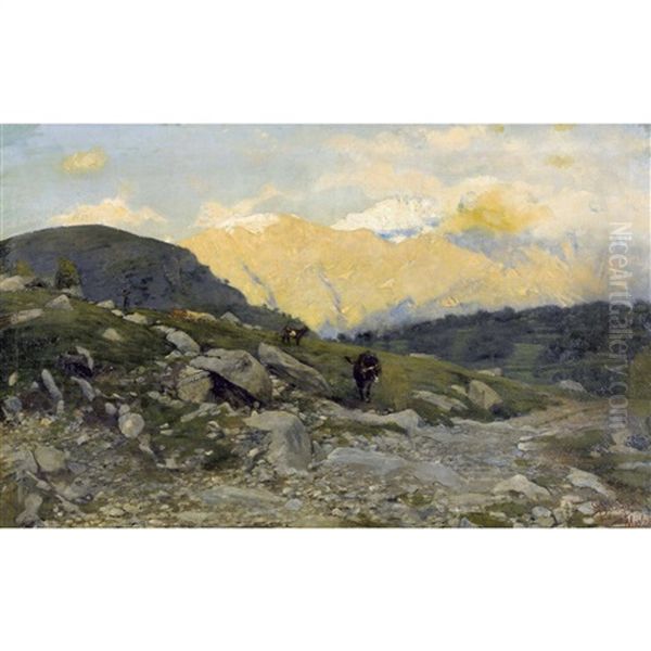 Abendstimmung Auf Der Alp Mit Weidenden Kuhen Oil Painting by Eugenio Spreafico