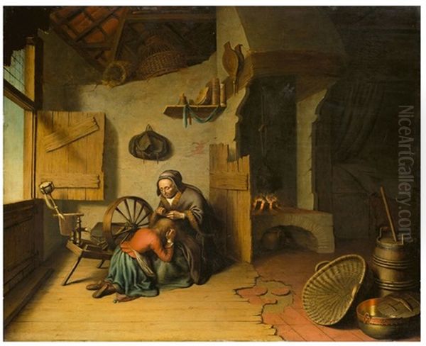 An Old Woman, Combing A Child's Hair Oil Painting by Jacob van Spreeuwen