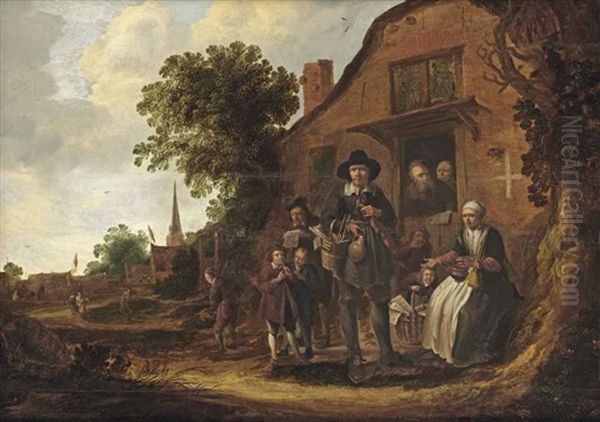 A Music Merchant Surrounded By A Group Of Villagers In Front Of A Farm House Oil Painting by Jacob van Spreeuwen