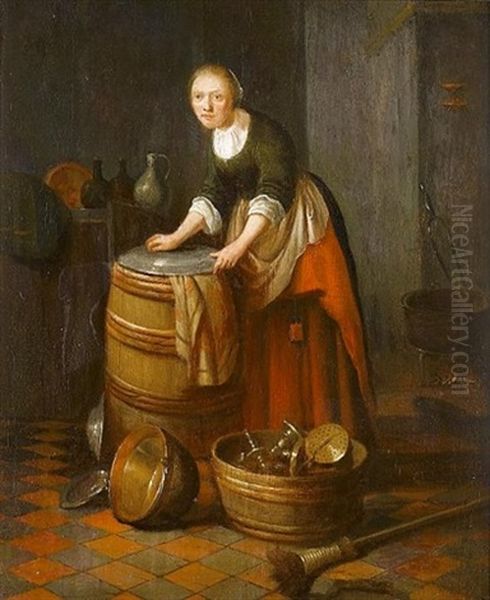 A Kitchen Interior With A Young Woman Polishing Brass Oil Painting by Jacob van Spreeuwen