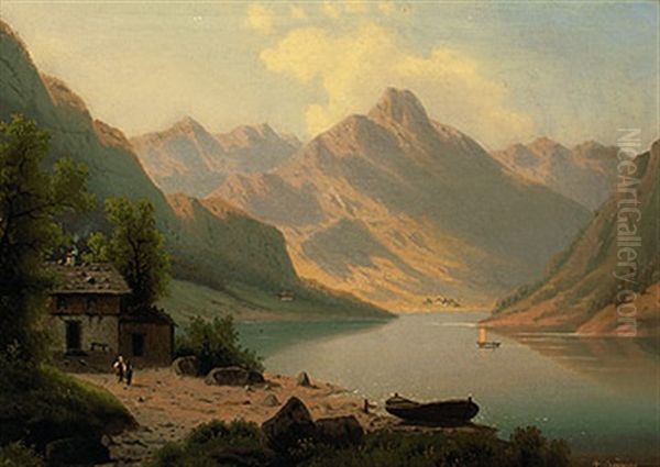 Hochgebirgssee Mit Figurenstaffage Und Beleuchtetem Gebirgspanorama Oil Painting by Wilhelm Sprenger