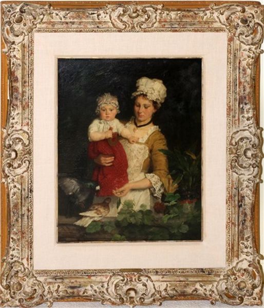 Motehr And Child Feeding Birds Oil Painting by Alfons Spring