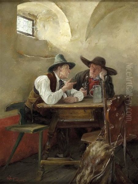 Interieur Mit Zwei Bauern Im Gesprach Oil Painting by Alfons Spring