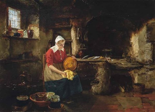 Ein Madchen Mit Kopftuch Sitzt In Der Kuche Und Putzt Eine Schussel Oil Painting by Alfons Spring