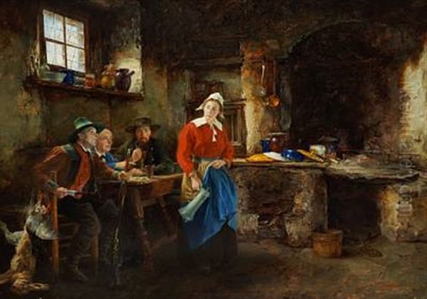 Interior With A Kitchenmaid And Three Gentlemen Drinking Beer Oil Painting by Alfons Spring