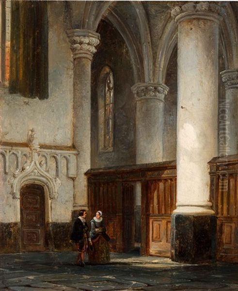 Elegant Couple In A Dutch Church Interior Oil Painting by Cornelis Springer