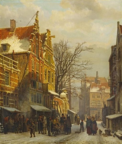 Winterliche Szene Im Judischen Viertel In Amsterdam Oil Painting by Cornelis Springer