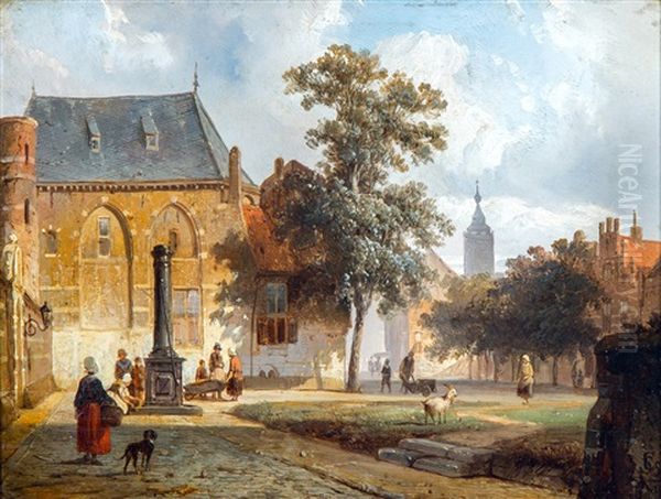 Figures Conversing In A Dutch Town On A Sunny Day Oil Painting by Cornelis Springer