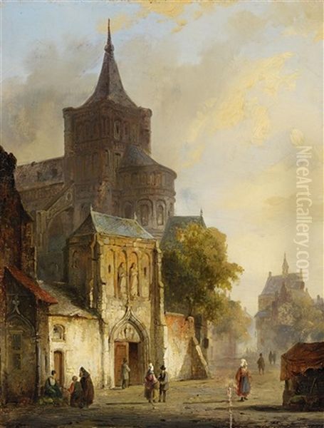 View Of A Medieval Town With A Romanesque Church Oil Painting by Cornelis Springer