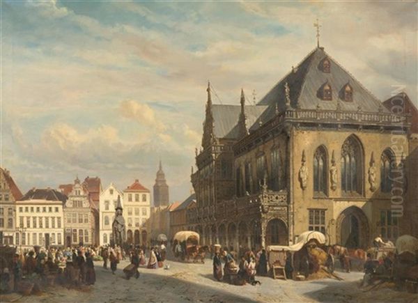 Market Square In Bremen Oil Painting by Cornelis Springer