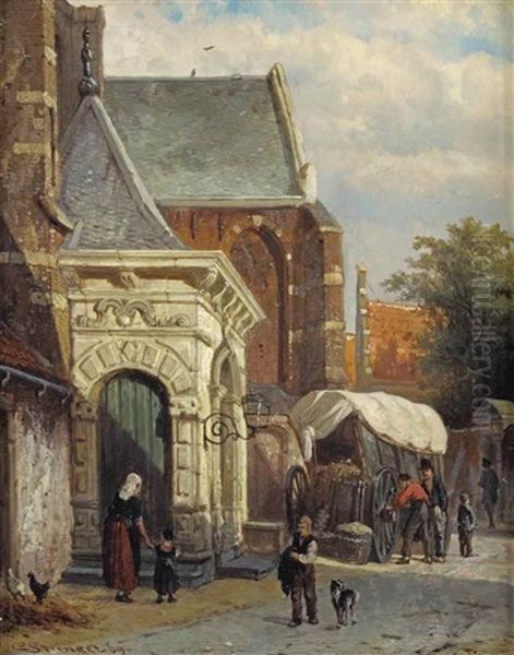 Une Porte De L' Eglise Occidentale A Enkhuijzen (a View Of The South Entrance Of The St. Pancras Church, Enkhuizen) Oil Painting by Cornelis Springer