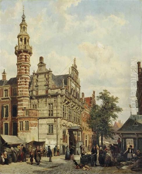 L'hotel De Ville De La Haye: A Market Day Near The City Hall, The Hague Oil Painting by Cornelis Springer