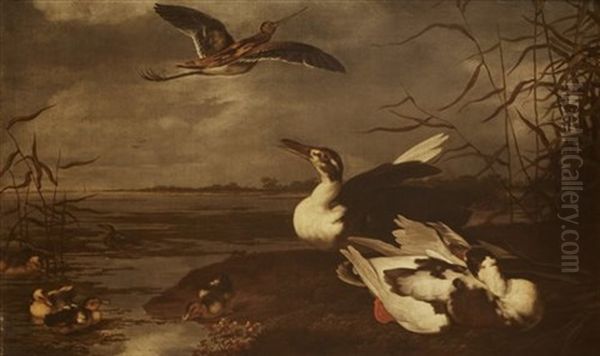 Ducks, Ducklings And Snipe By An Estuary Oil Painting by Jan (Johannes) Spruyt