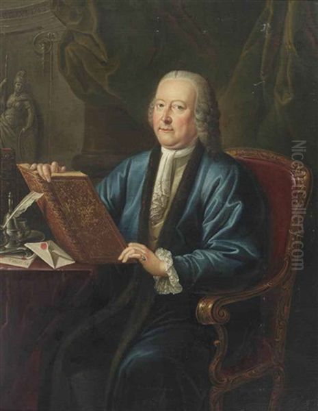 Portrait Of Johan Anthonie Van Kinschot (1708-1766), Alderman Of The City Of Delft, Three-quarter-length, In A Blue Robe And A White Chemise, Seated At A Desk With Writing Materials, Holding A Book Embossed With His Coat Of Ar Oil Painting by Philippe Lambert Joseph Spruyt