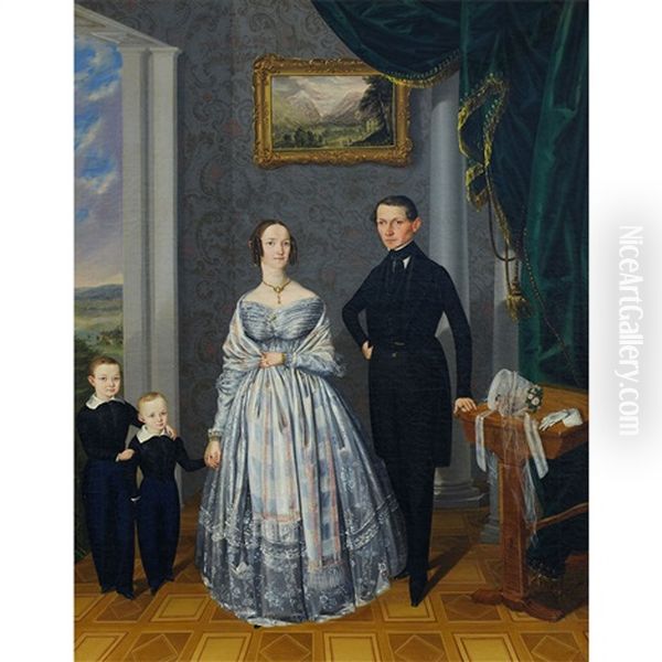 Family Portrait In An Interior With Tile Floor Oil Painting by Alois Spulak