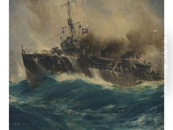 Battleship In Stormy Waters Oil Painting by Jack Spurling