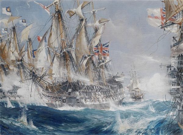 A Naval Battle Oil Painting by Jack Spurling