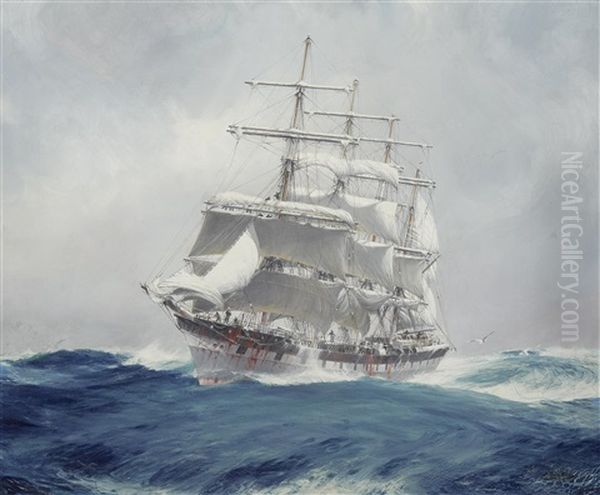 The Four-masted Wool Clipper Port Jackson Cutting Through A Heavy Swell Under Reefed Topsails Oil Painting by Jack Spurling