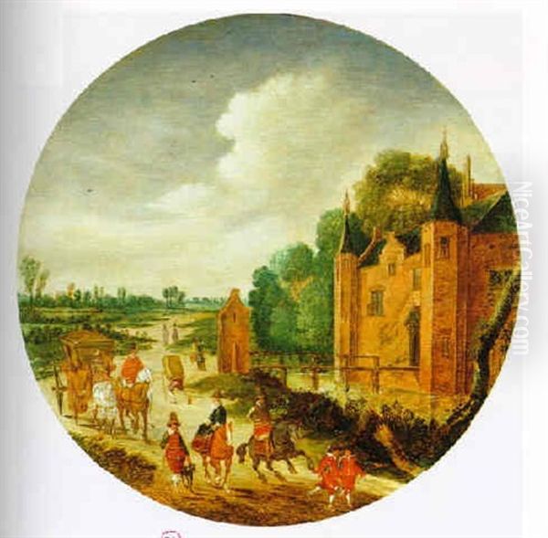 Reisende Vor Einem Wasserschloss Oil Painting by Pieter Michiel (den Hyger) Staal