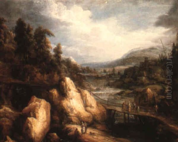 A Rocky River Landscape With A Bridge And Figures Oil Painting by Pieter Michiel (den Hyger) Staal